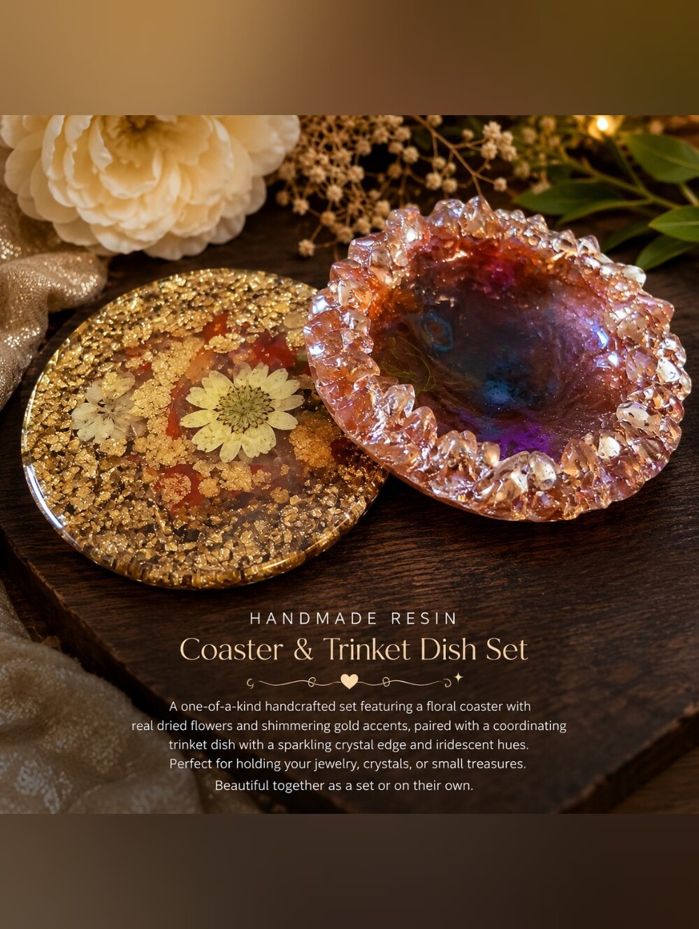 Handmade Iridescent Pink Resin Coaster & Trinket Dish Set